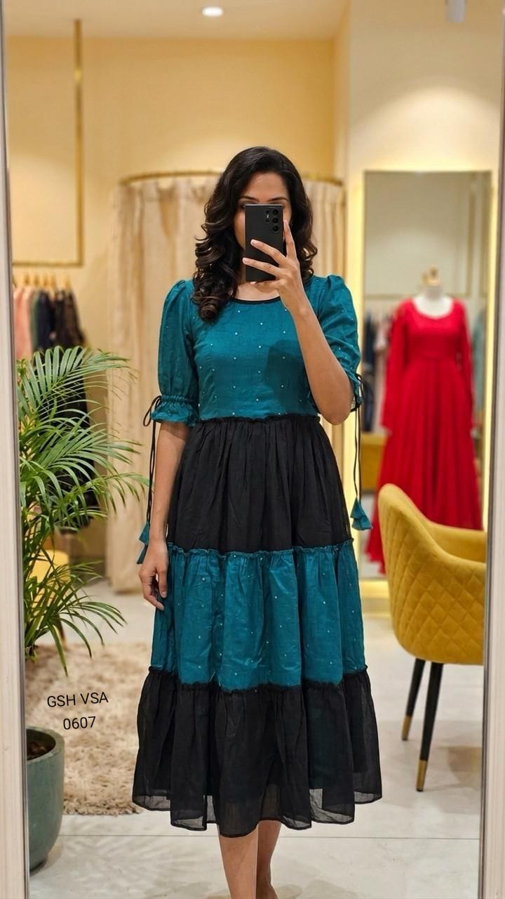 Black & Teal Magic Tiered Midi Gown Dress